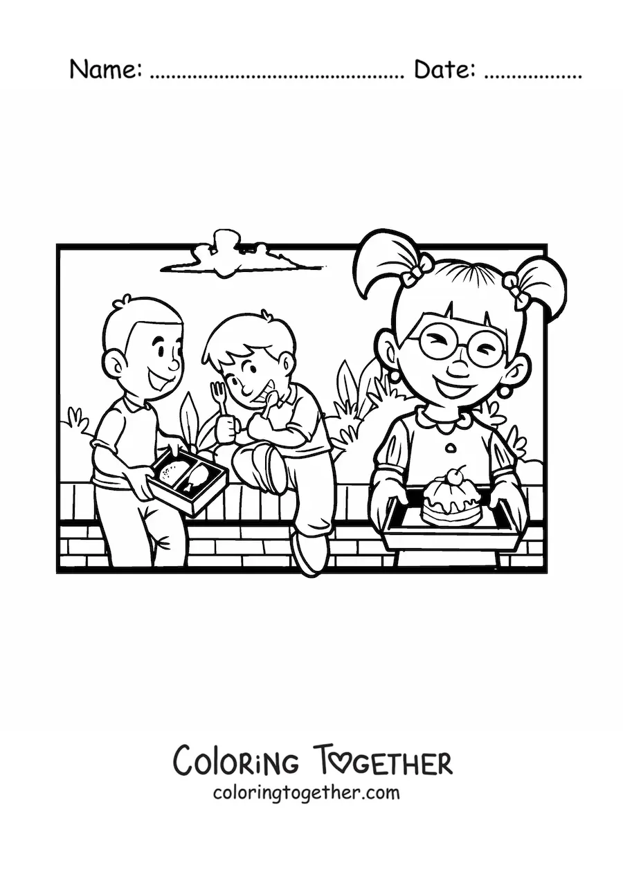 Coloring page of children having lunch at recess