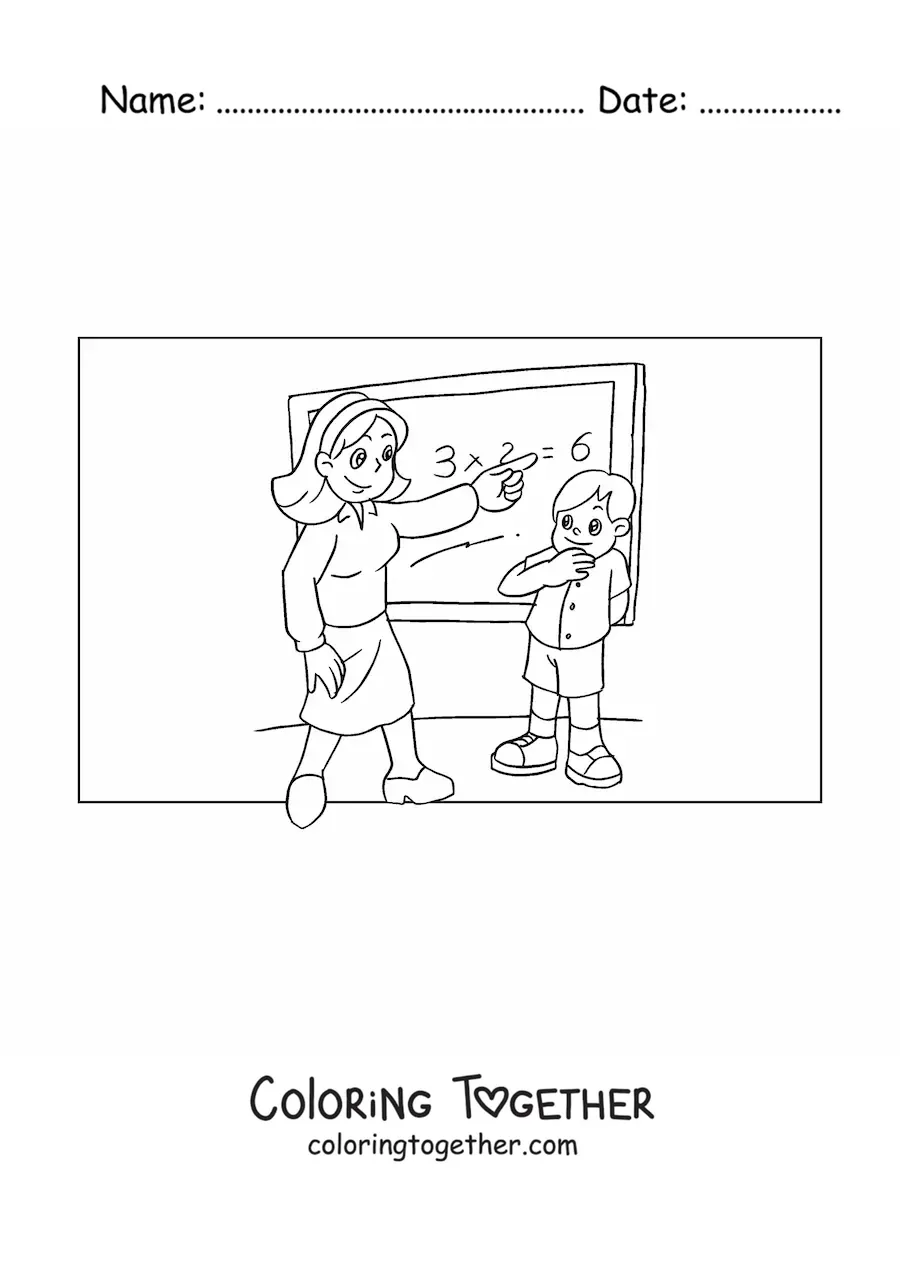 Coloring page of a teacher and a child in math class