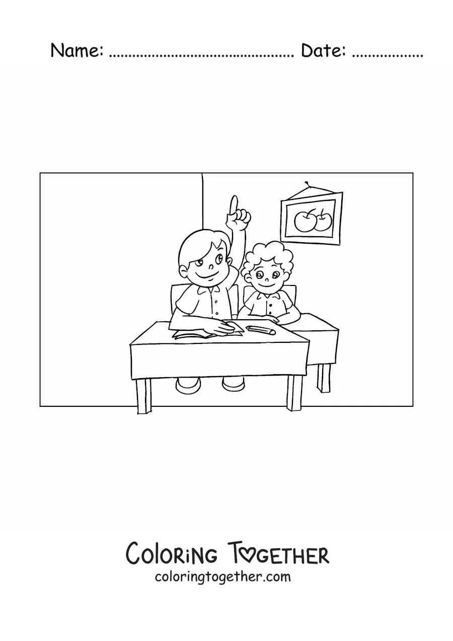 Coloring page of a student raising a hand in the elementary classroom
