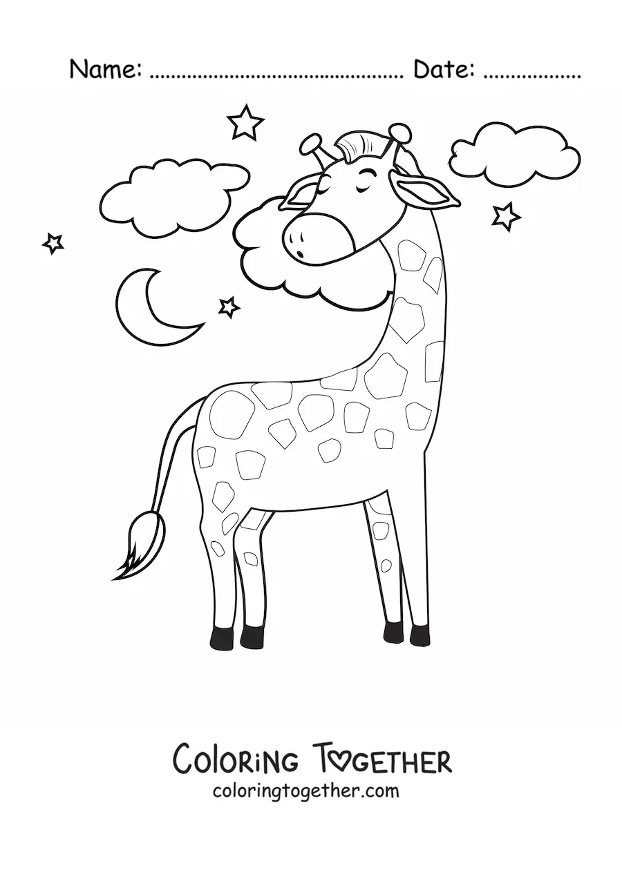 Coloring page of a cartoon giraffe sleeping while standing, next to the moon and some clouds