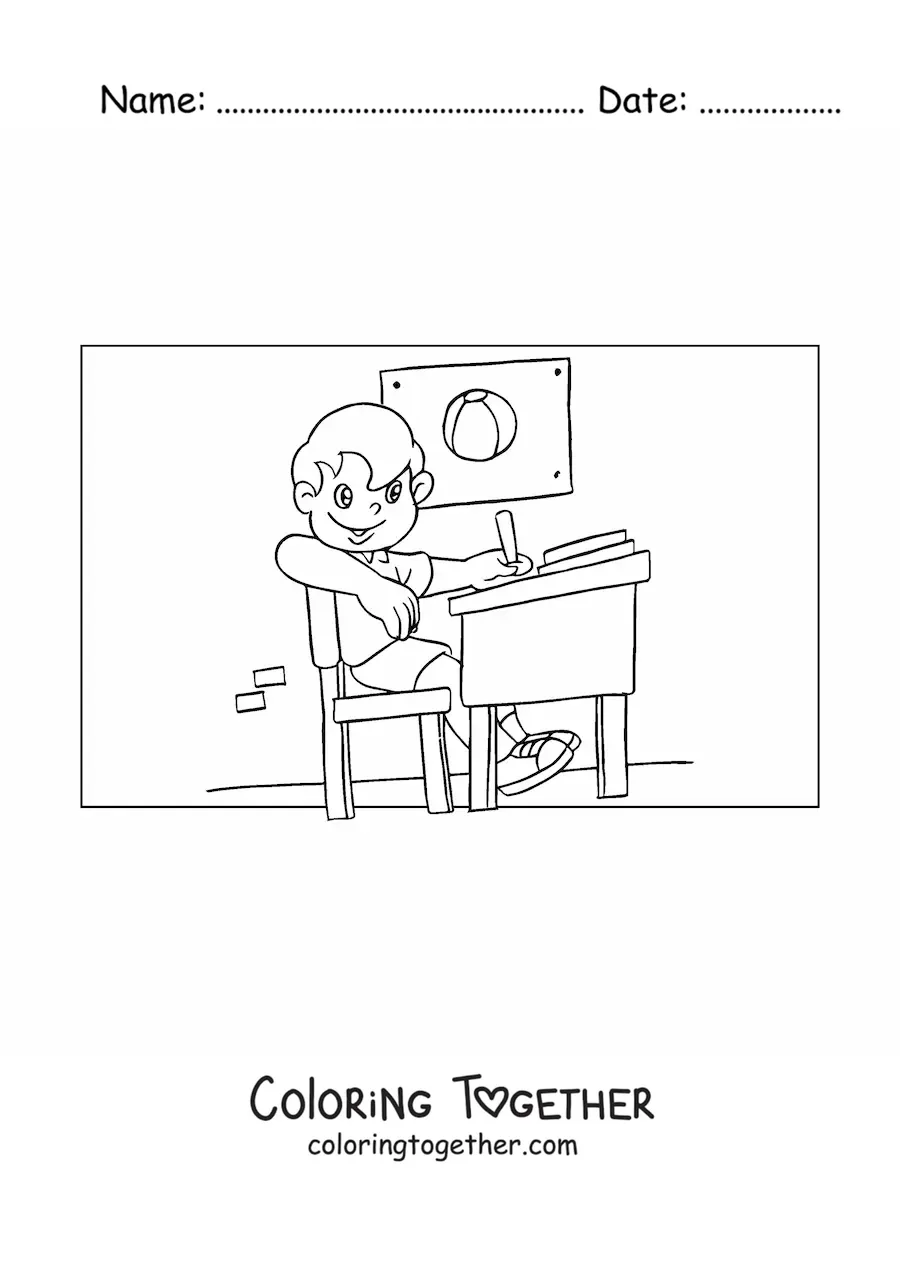 Coloring page of a boy doing homework in the classroom