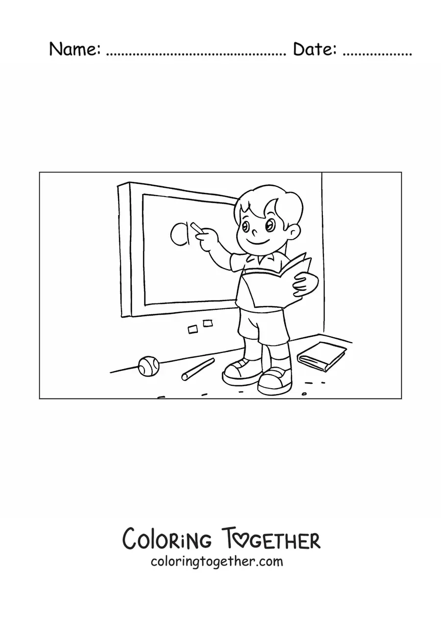 Coloring page of a boy writing on the chalkboard