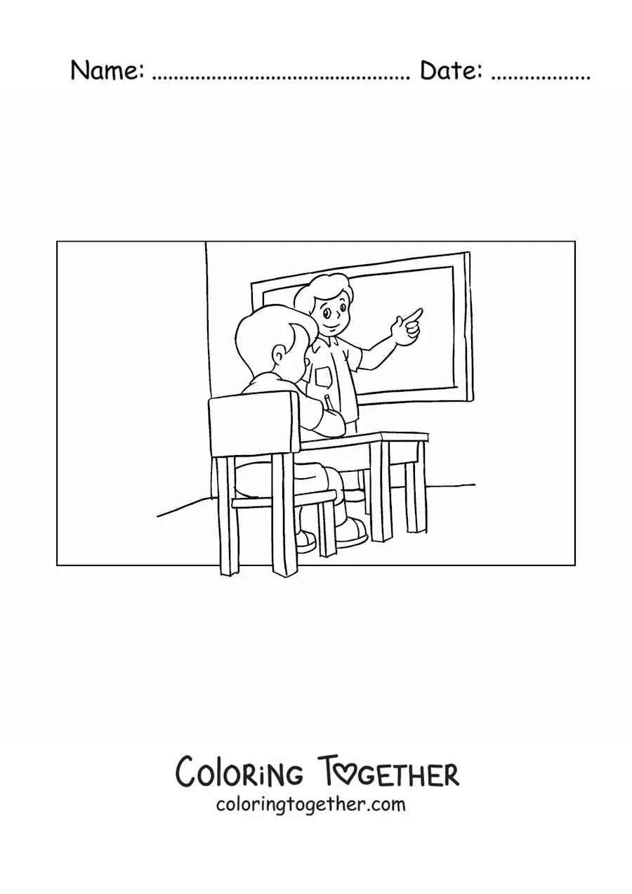 Coloring page of a teacher teaching a student in the classroom
