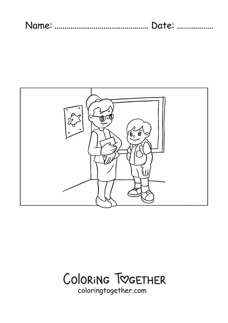 Coloring page of a teacher and a student in the elementary classroom