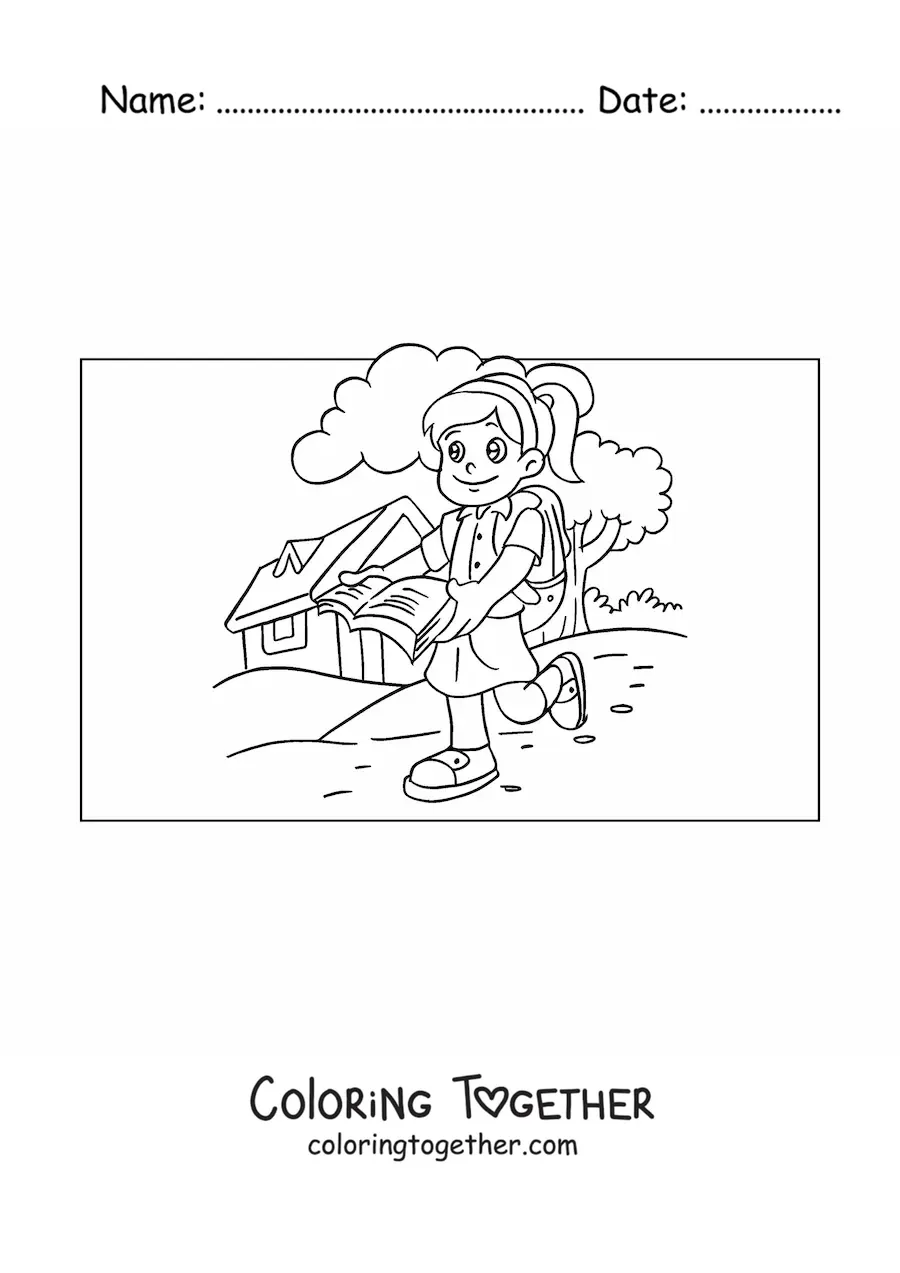 Coloring page of a girl with a book to do her homework