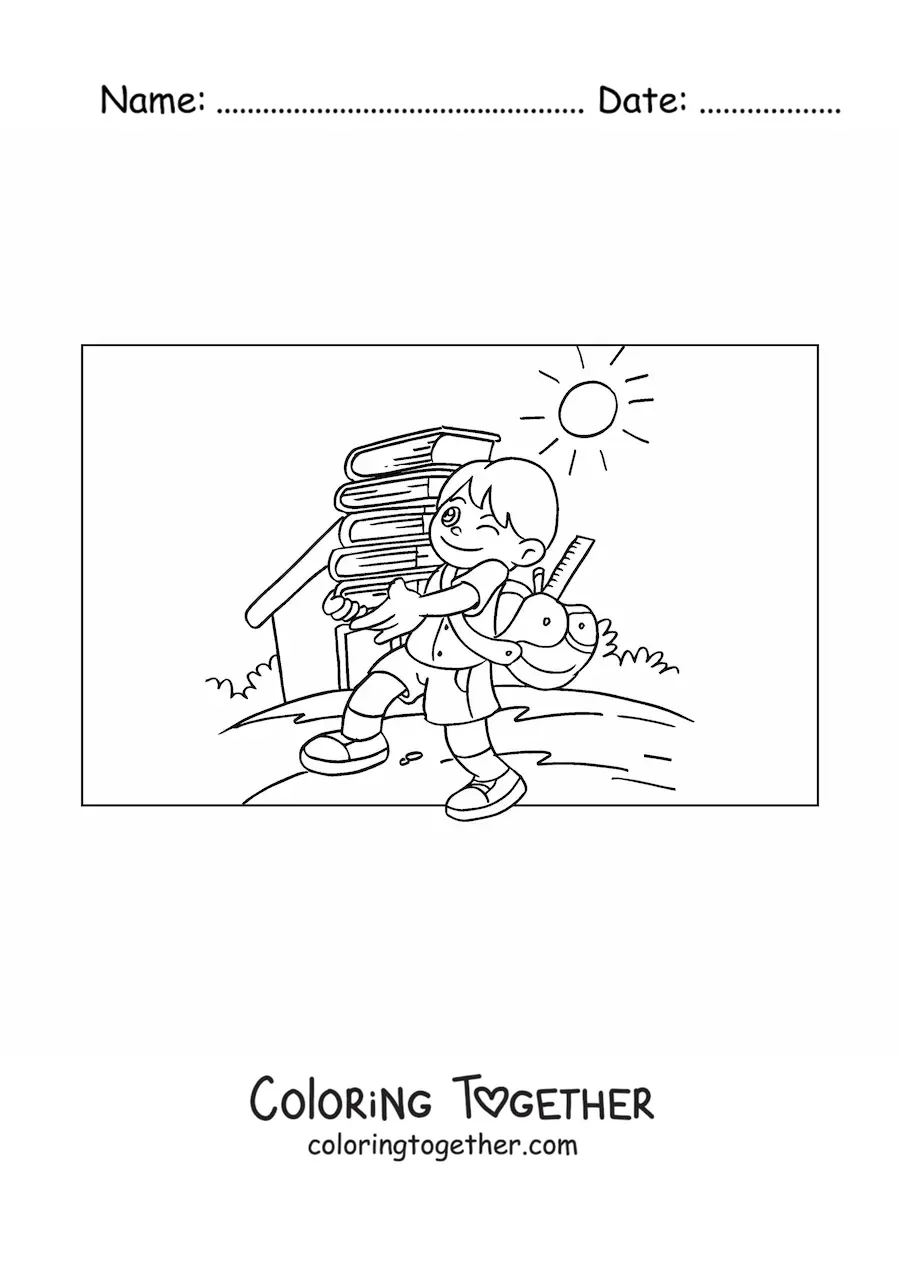Coloring page of a boy carrying books to do his homework