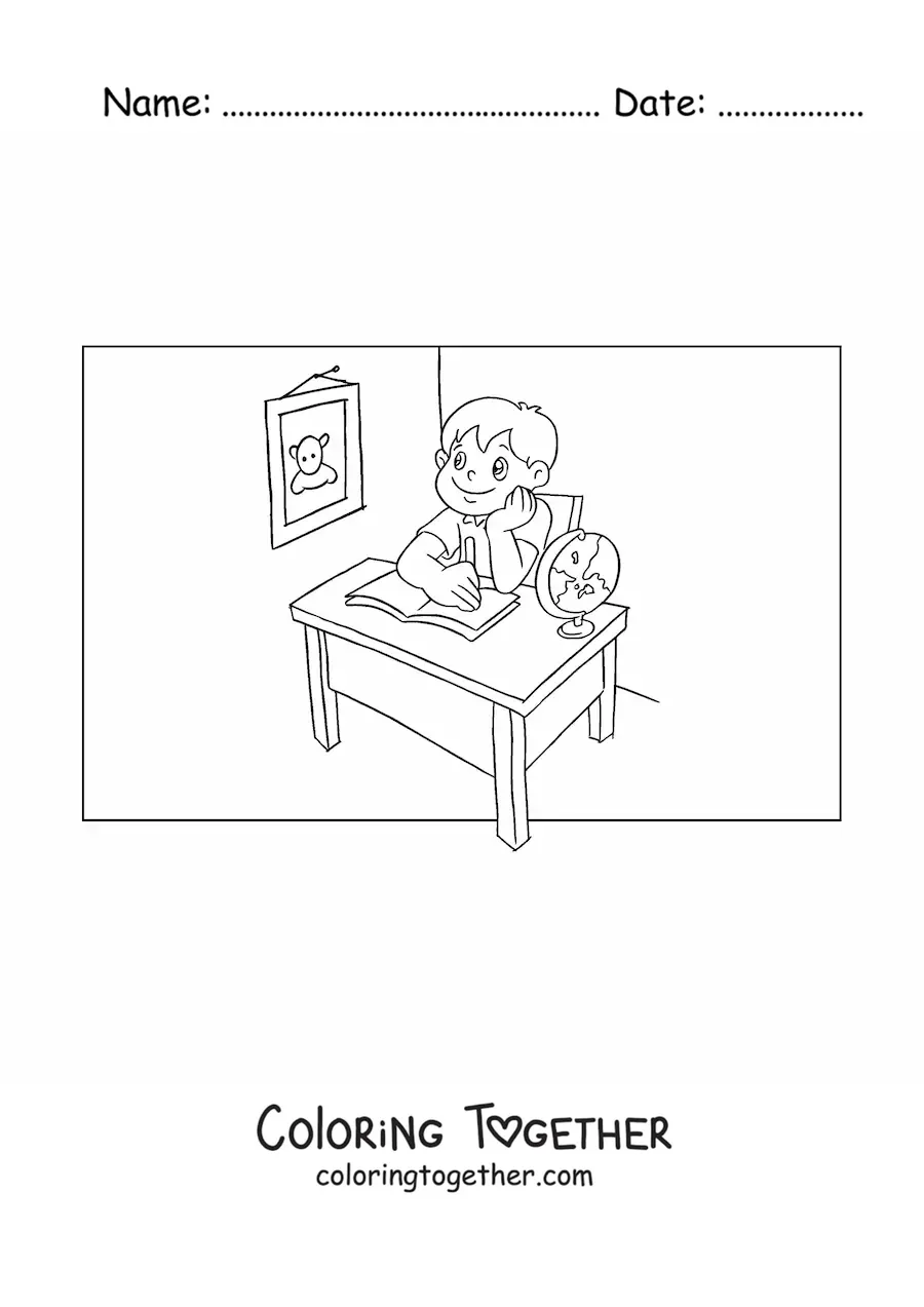 Coloring page of a boy sitting at a desk doing homework