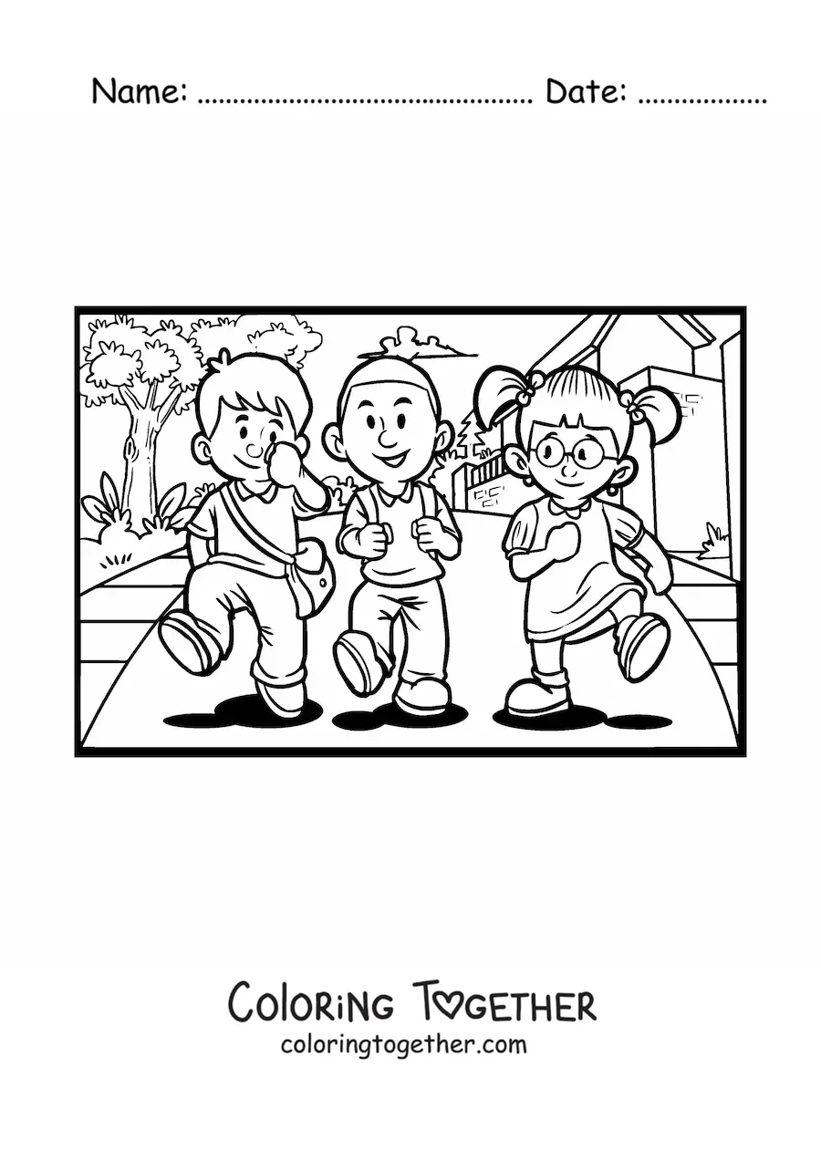 Coloring page of three children walking to school