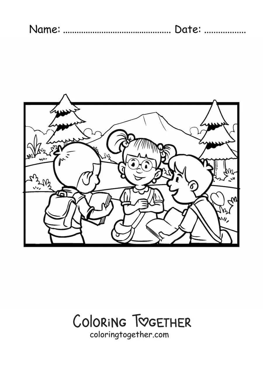 Coloring page of three children in the schoolyard