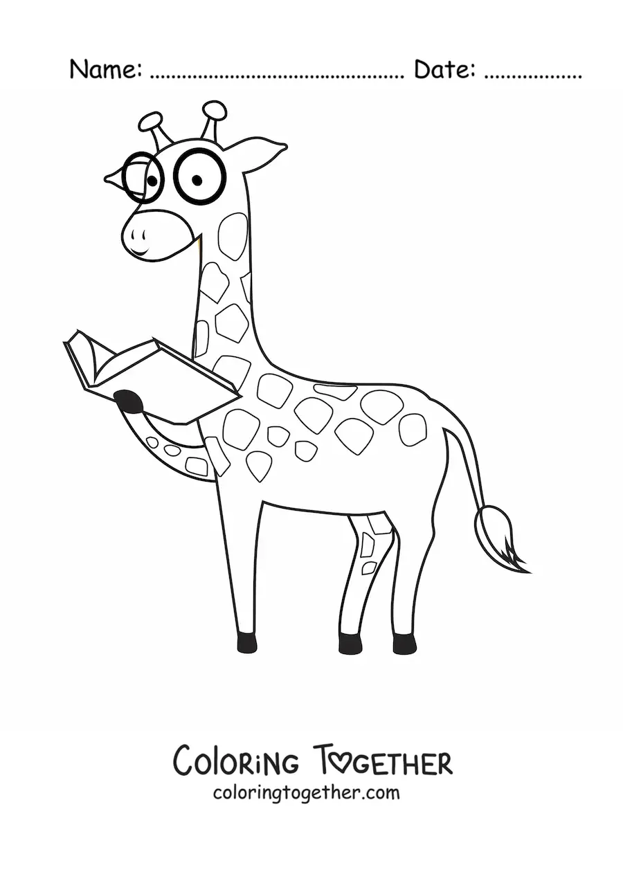 Coloring page of a cartoon giraffe wearing glasses and reading a book