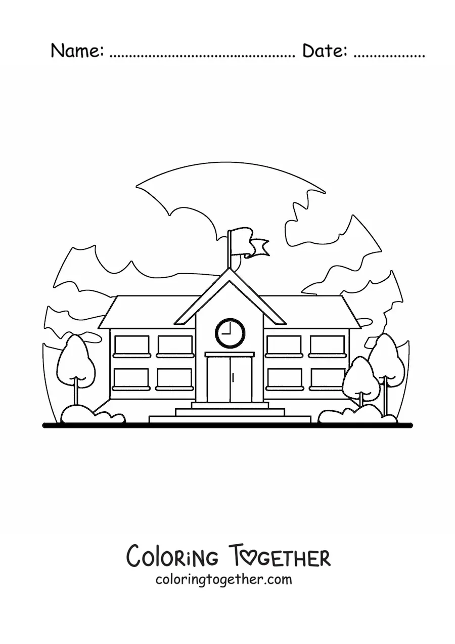 Coloring page of a school with a landscape