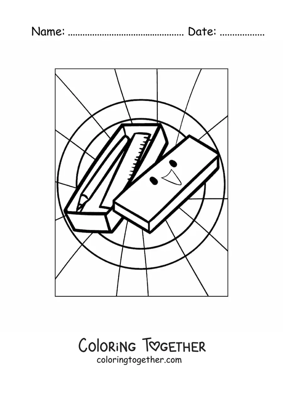 Coloring page of several kawaii school supplies