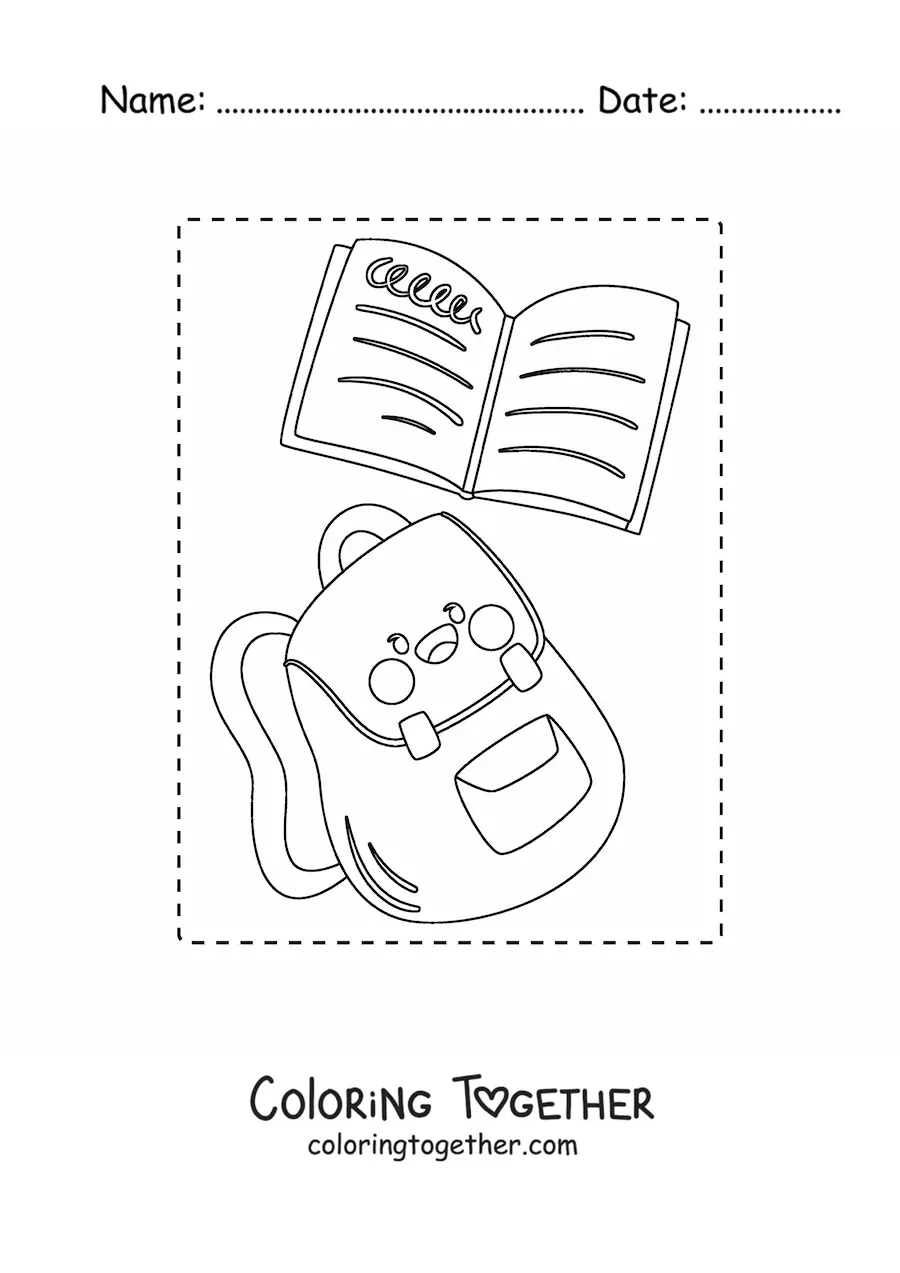 Coloring page of a kawaii school backpack with a notebook