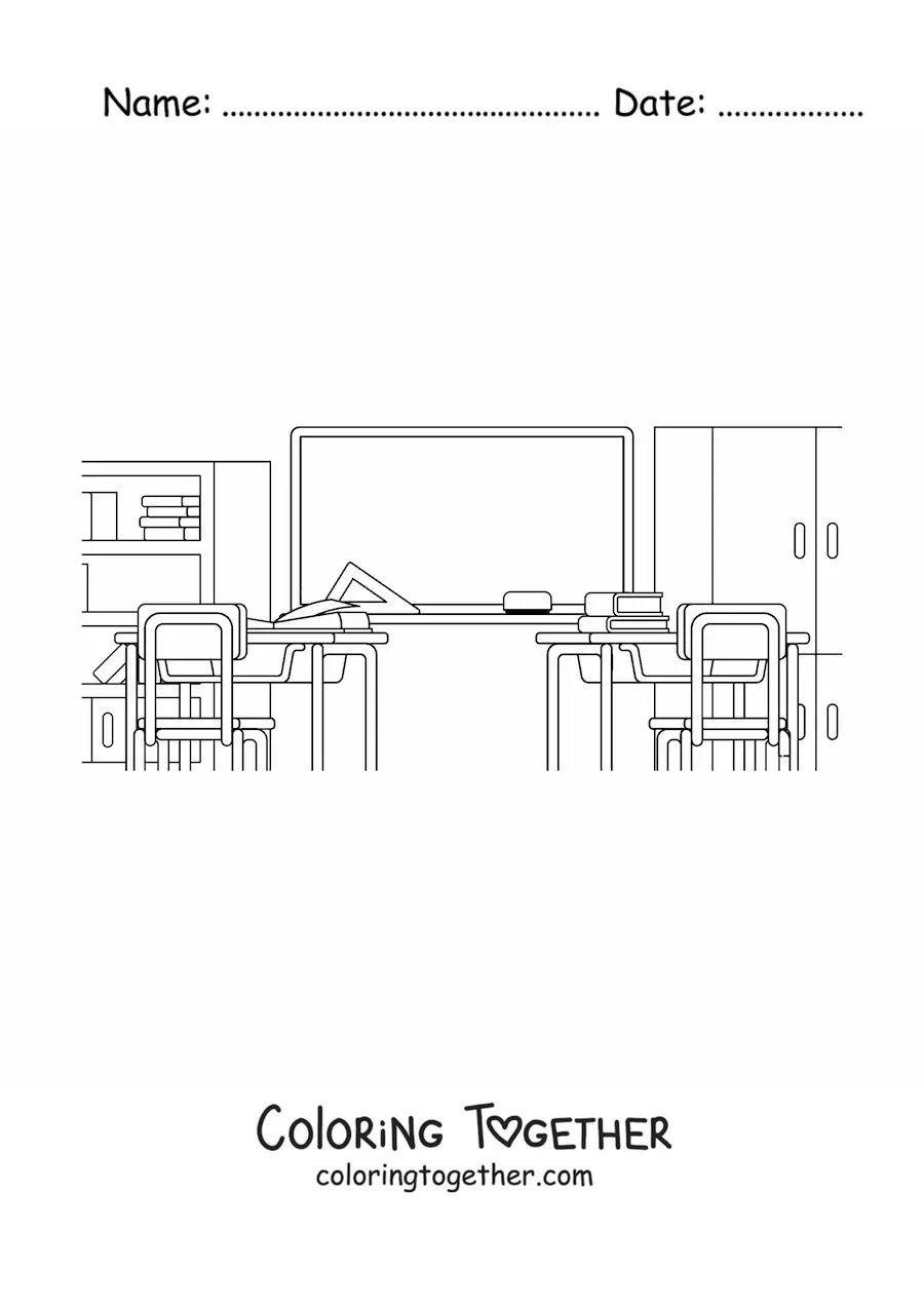 Coloring page of a school classroom
