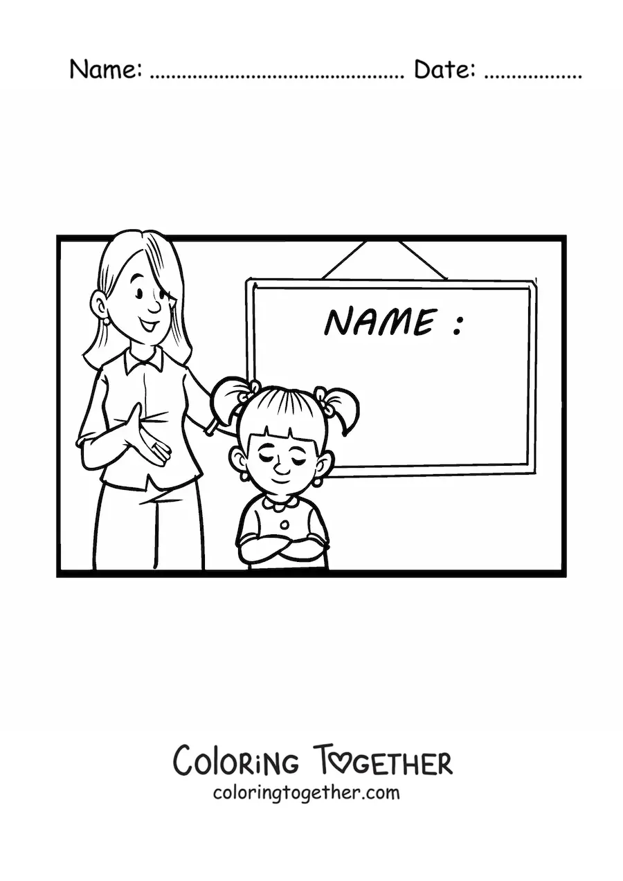 Coloring page of a teacher and a girl student next to a chalkboard