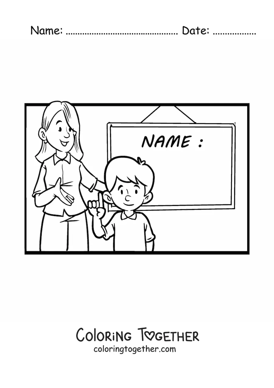 Coloring page of a teacher and a boy student next to a chalkboard