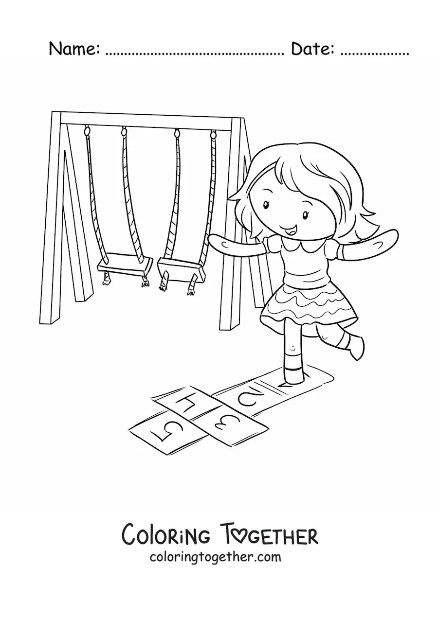 Coloring page of a kawaii girl playing hopscotch in the park