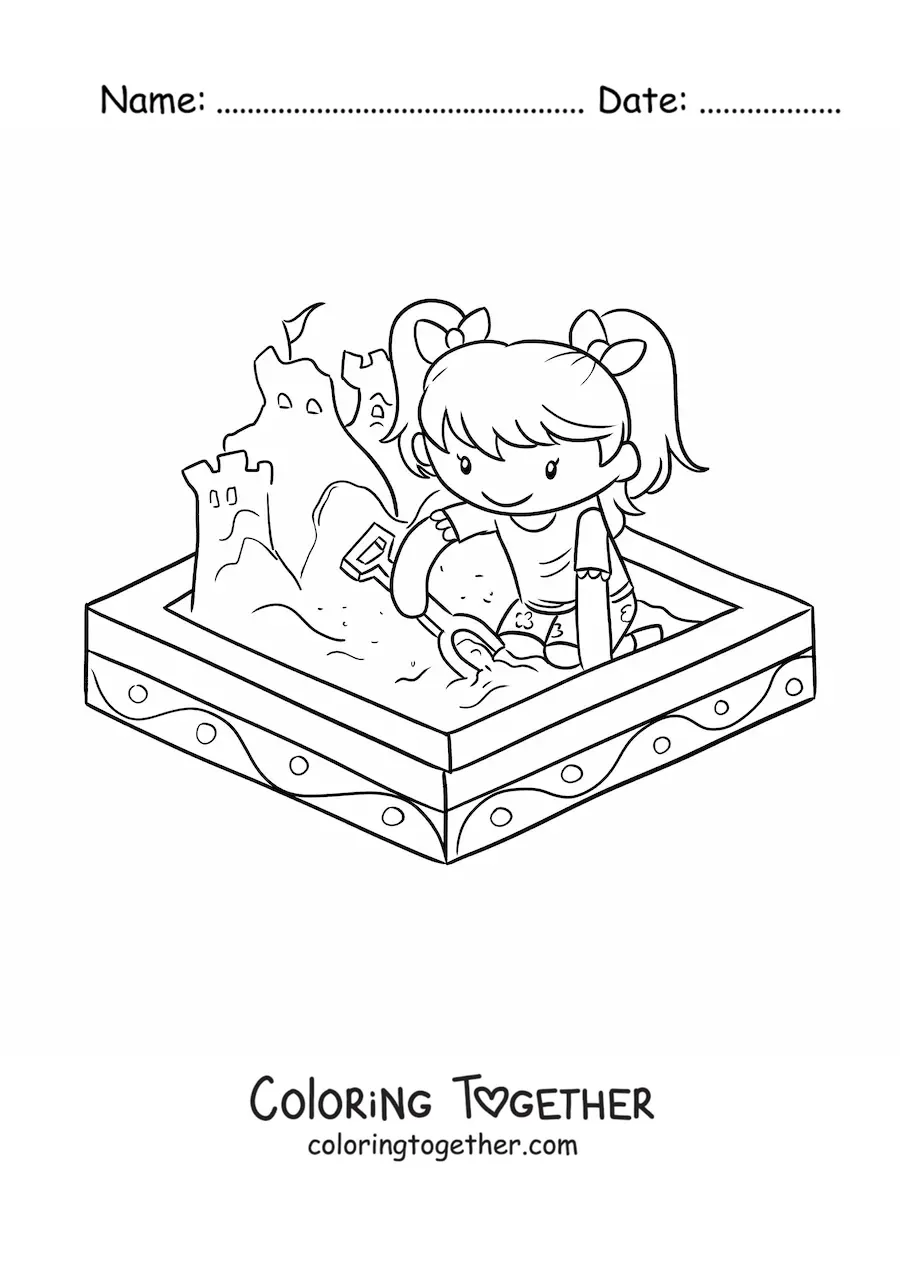 Coloring page of a girl playing in the sandbox