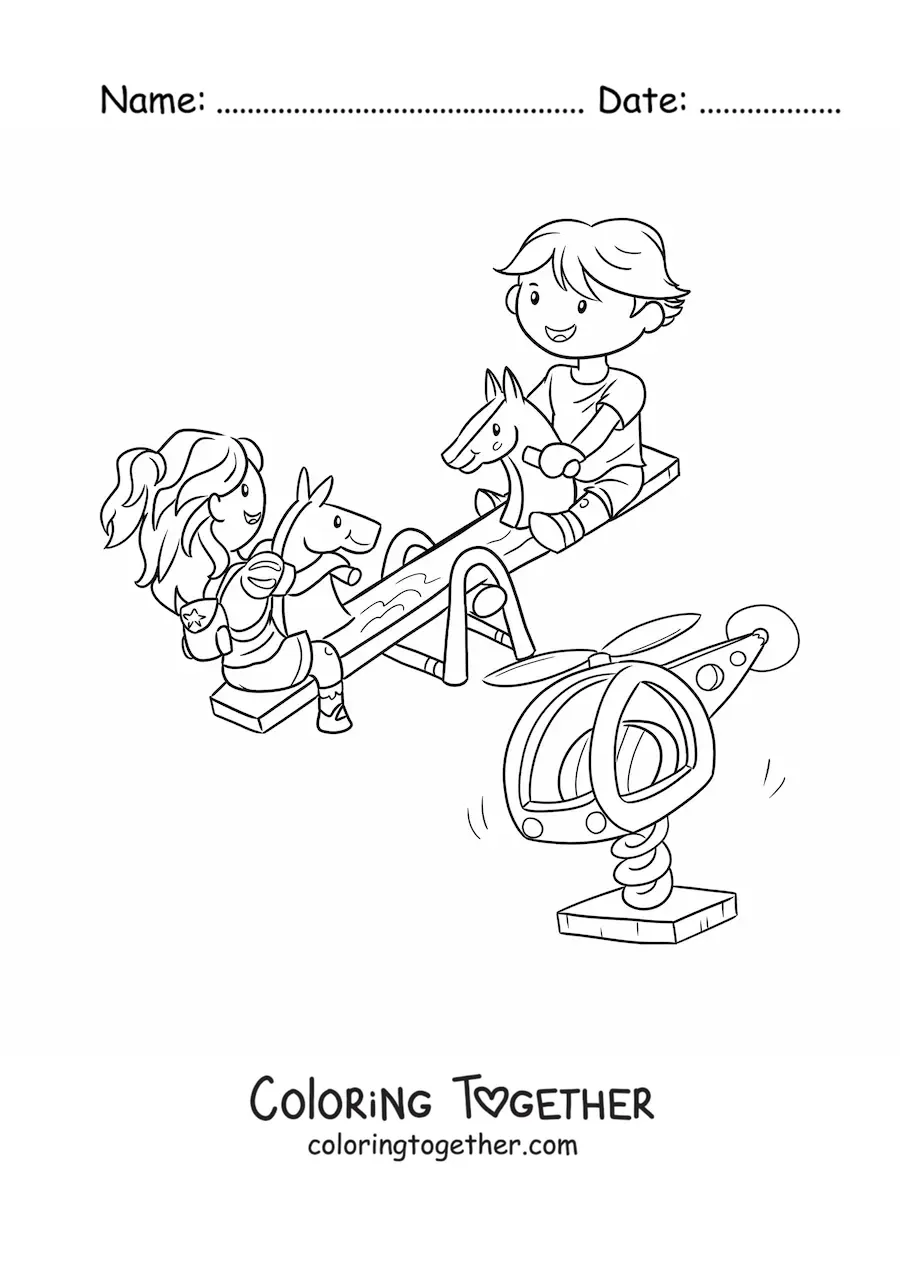 Coloring page of two kids playing on the park seesaw