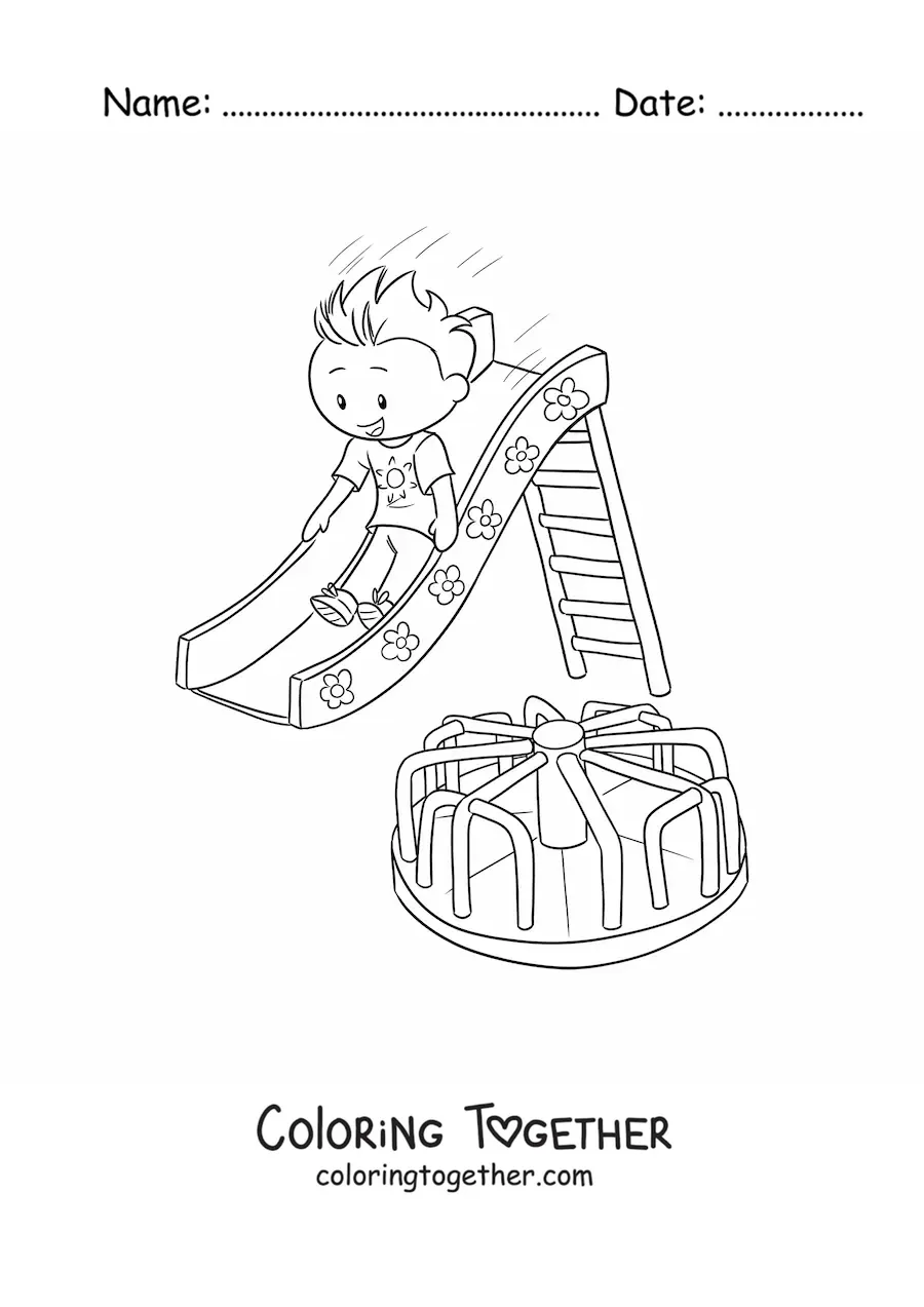 Coloring page of a boy sliding down the park slide