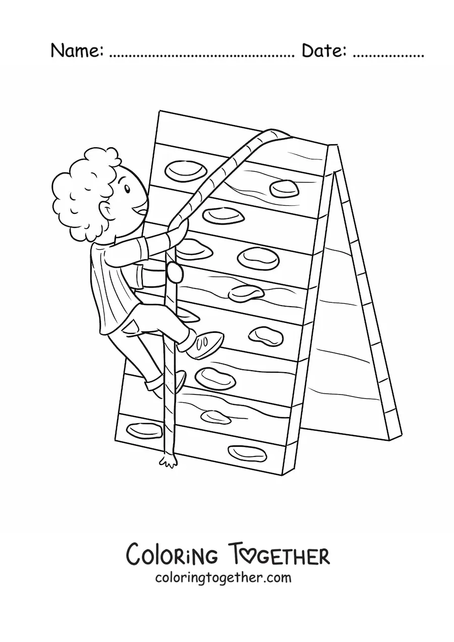 Coloring page of a boy climbing a climbing wall