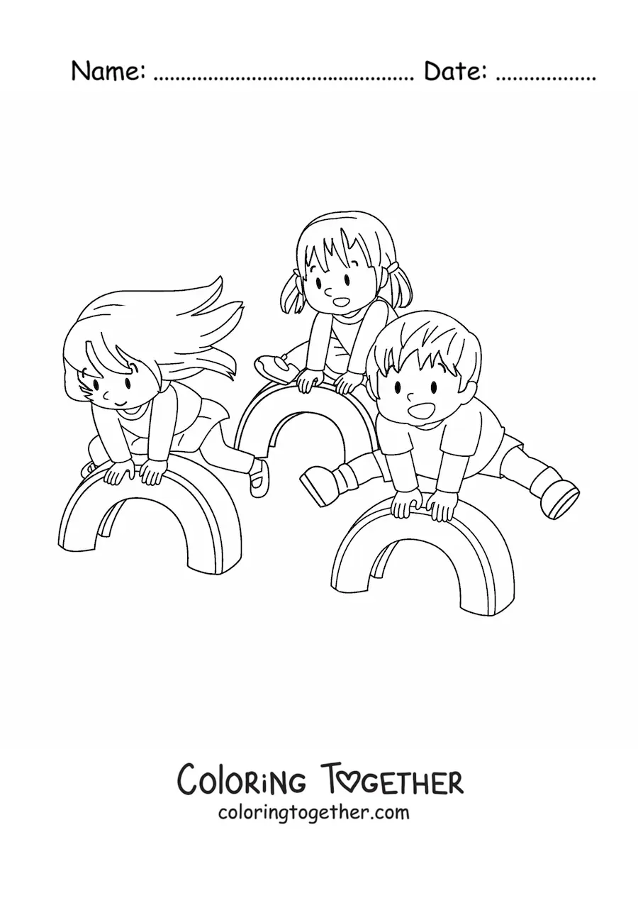 Coloring page of three kids playing in the park