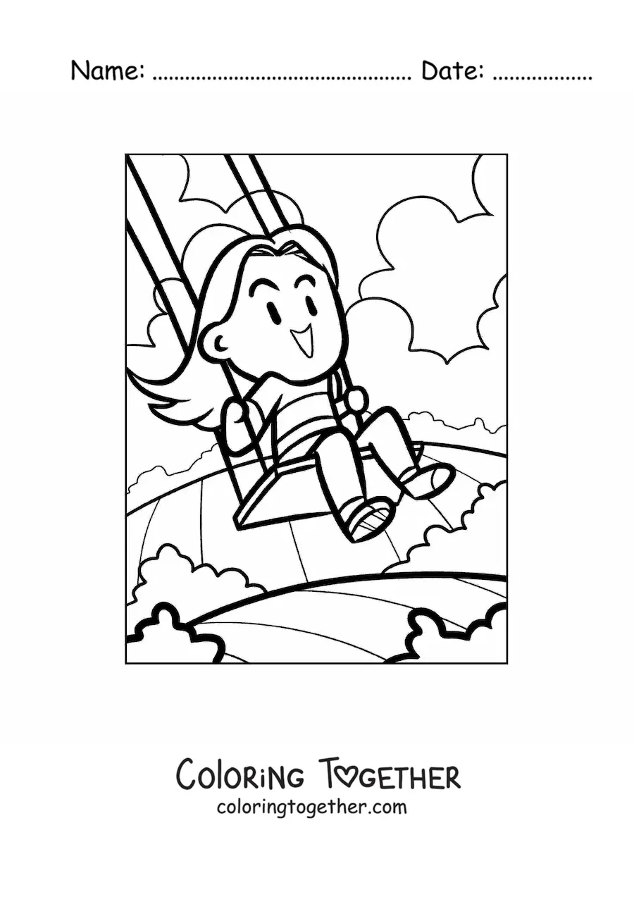 Coloring page of a girl playing on a swing