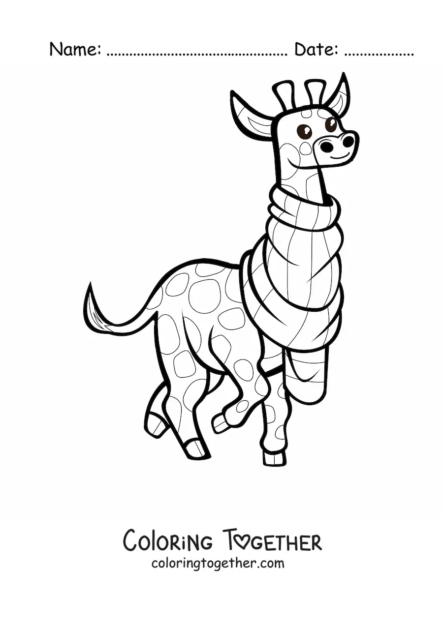 Coloring page of a cartoon giraffe with a scarf around its neck