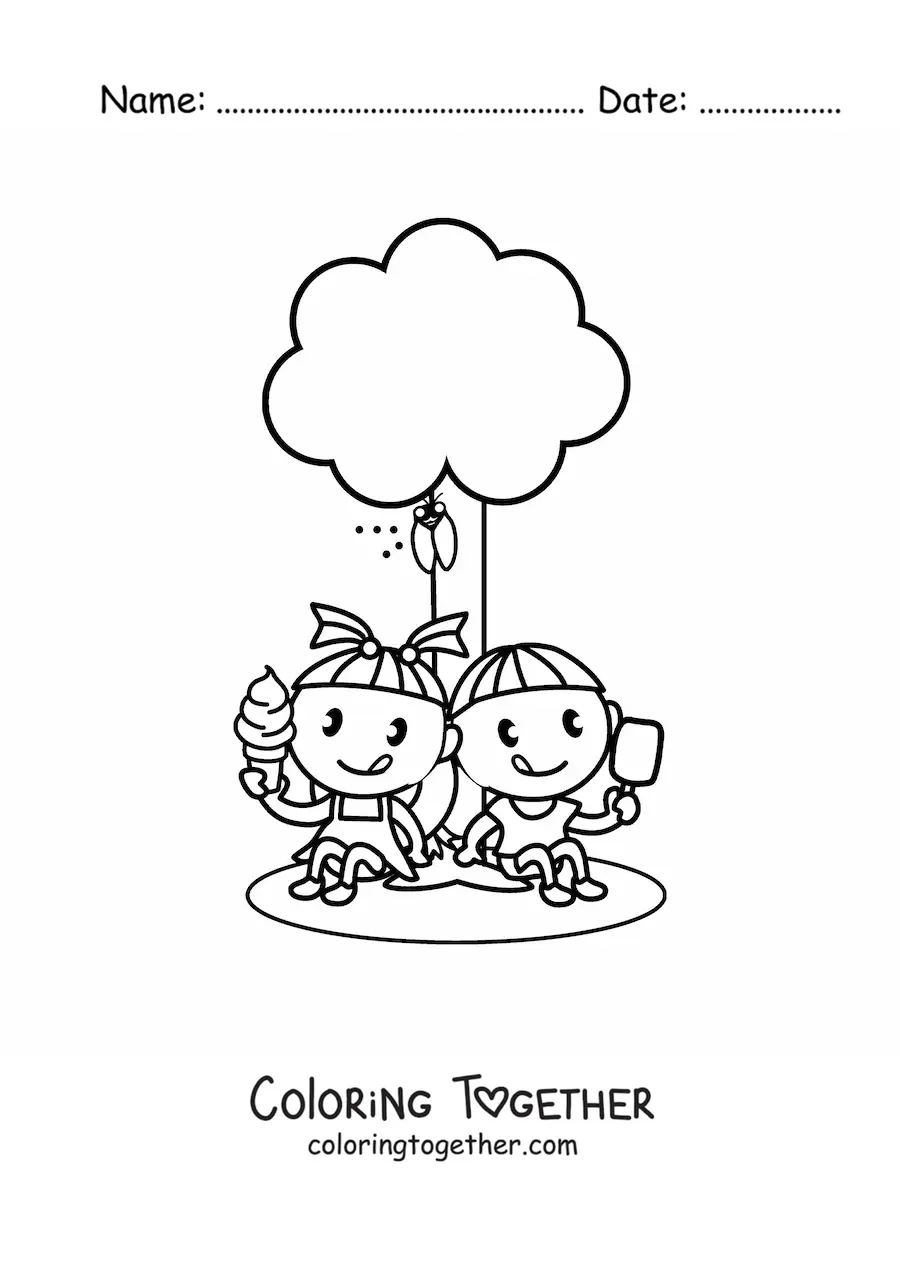Coloring page of two kawaii kids eating ice cream in a park