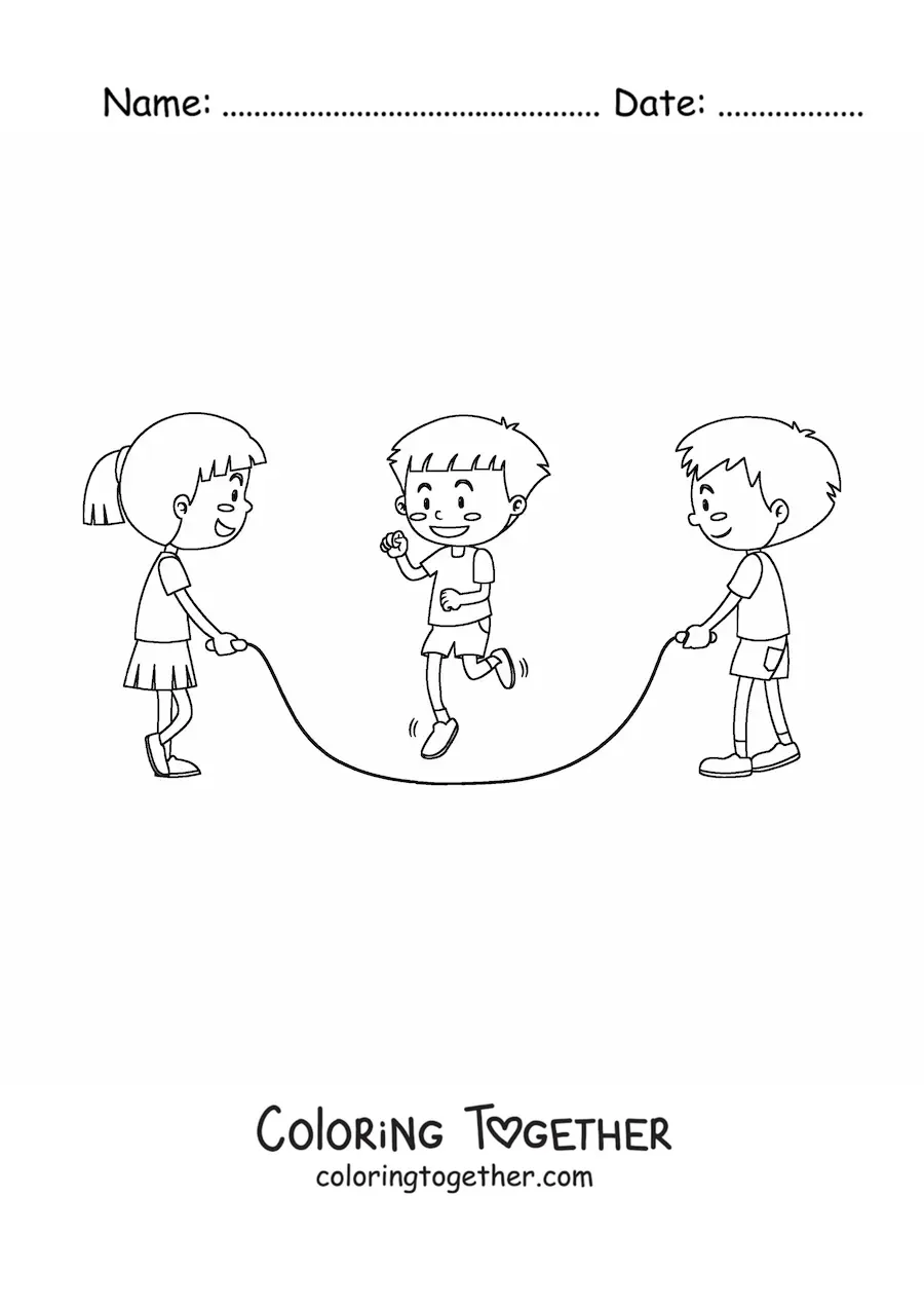 Coloring page of three kids jumping rope