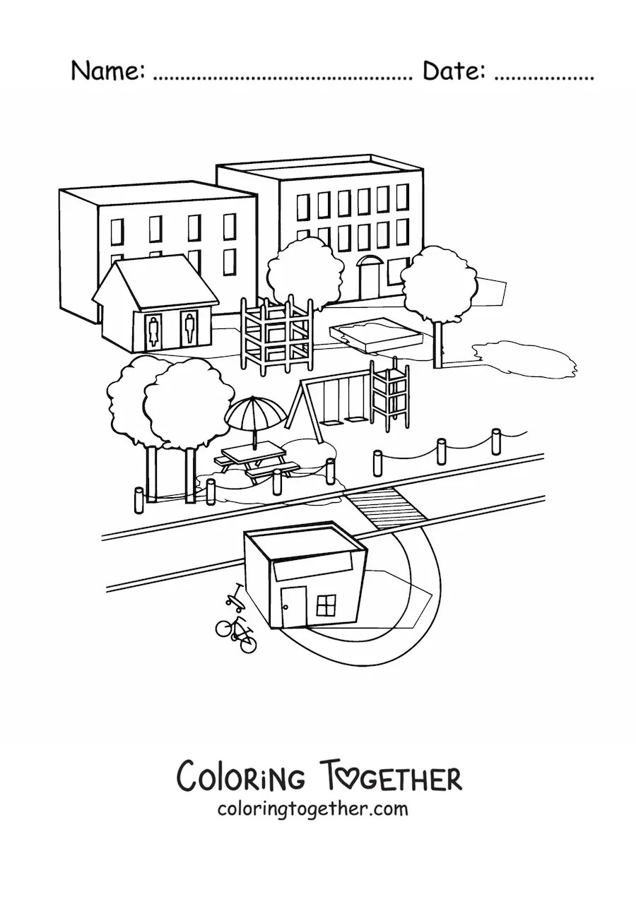 Coloring page of a school playground