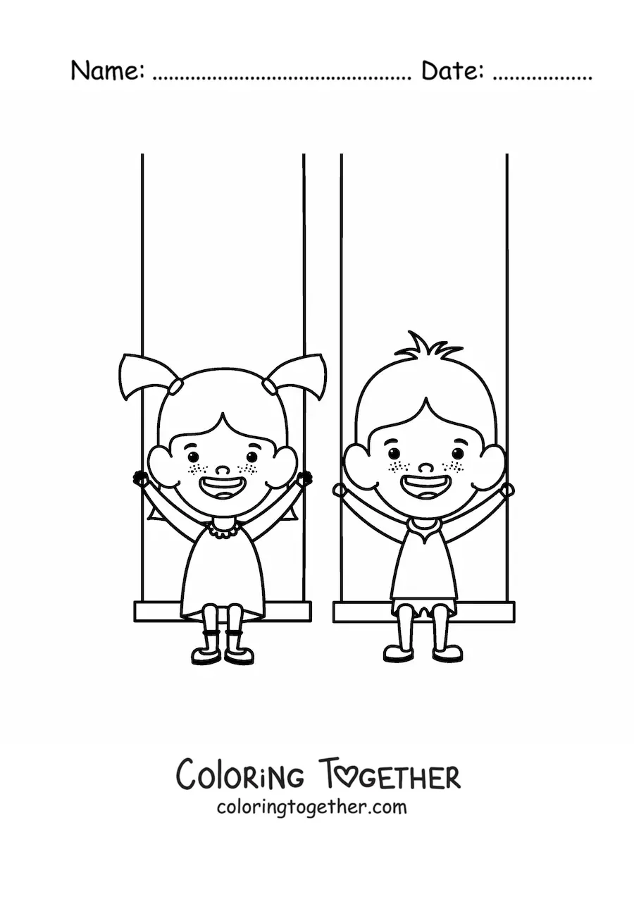 Coloring page of two kids on swings