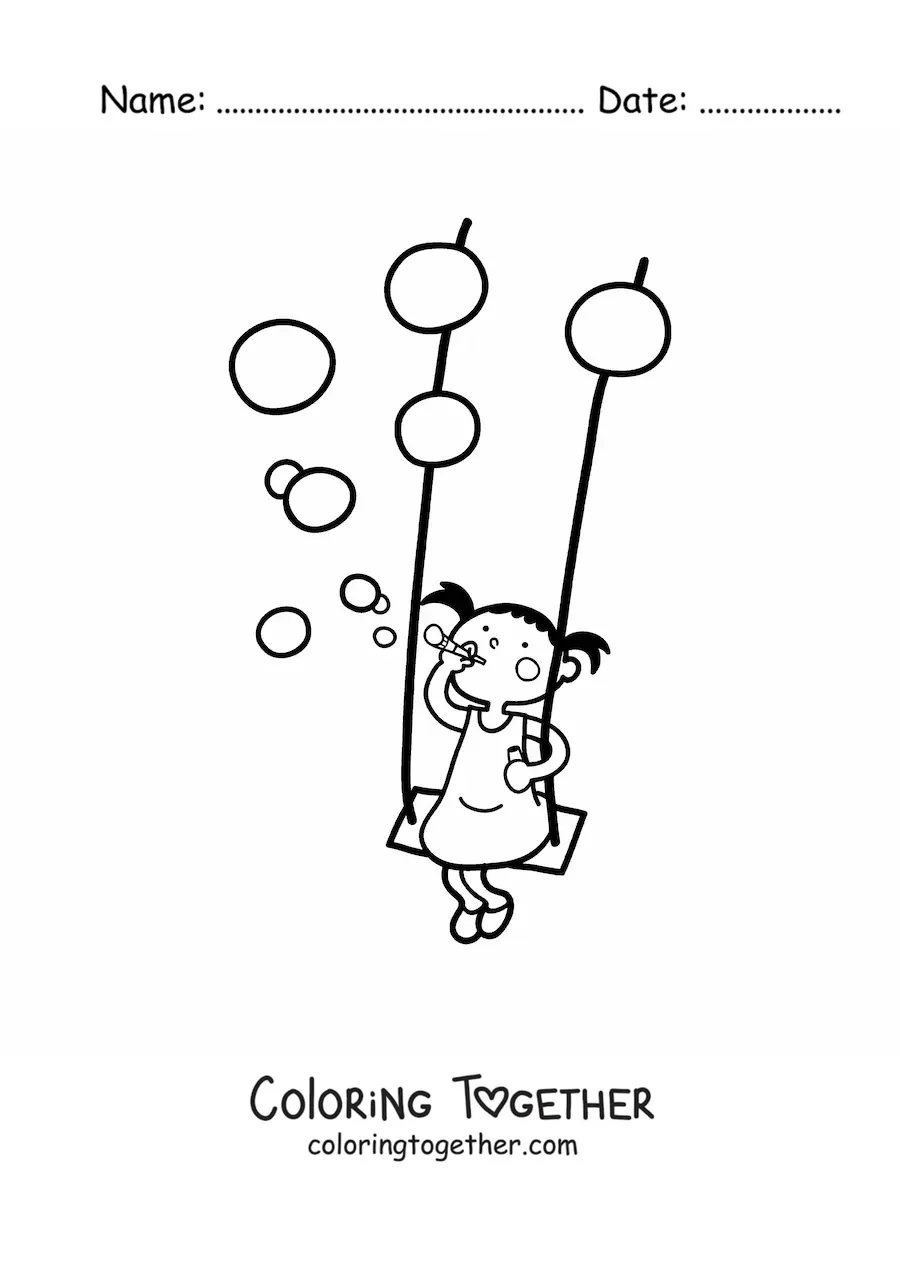 Coloring page of a girl blowing bubbles on a swing