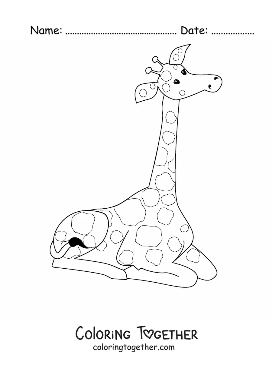Coloring page of a cartoon giraffe sitting