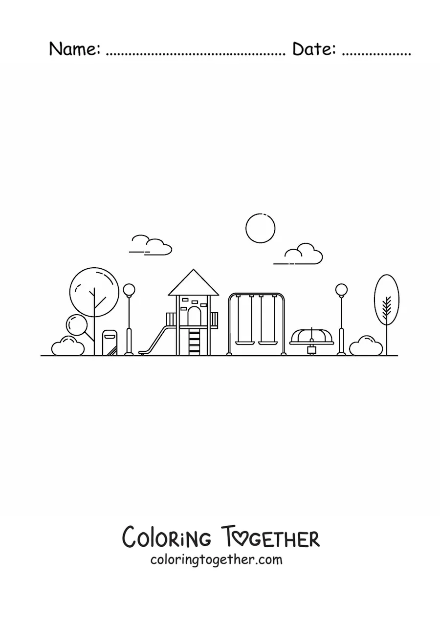 Coloring page of a playground with trees