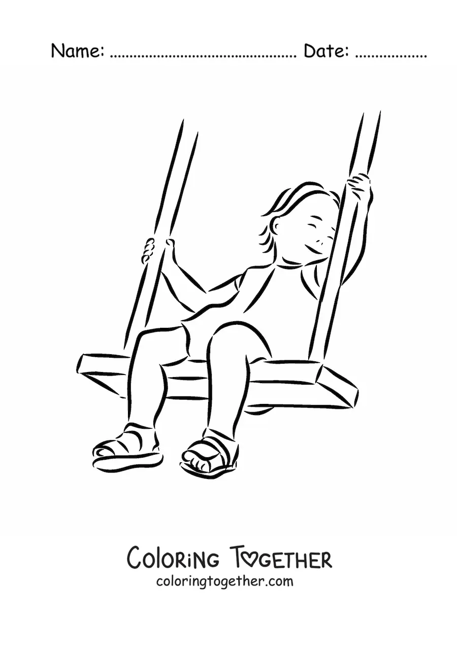 Coloring page of a girl on a swing