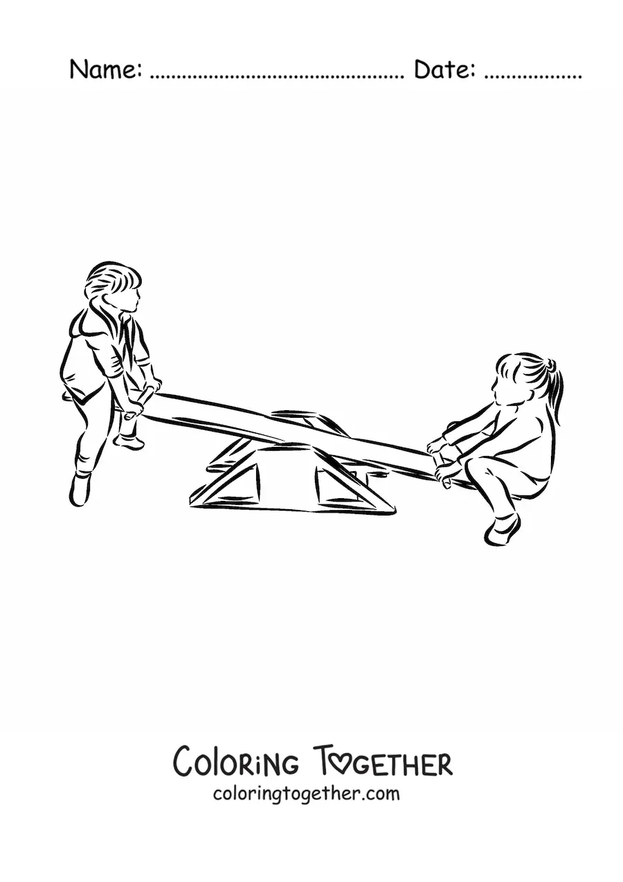 Coloring page of two kids playing on the seesaw