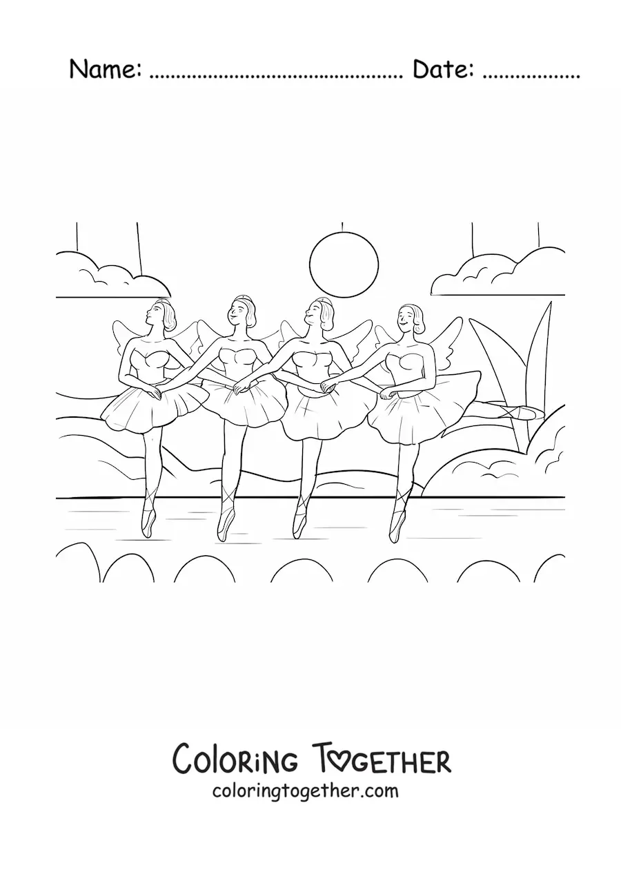 Coloring page of a group of ballerinas on stage