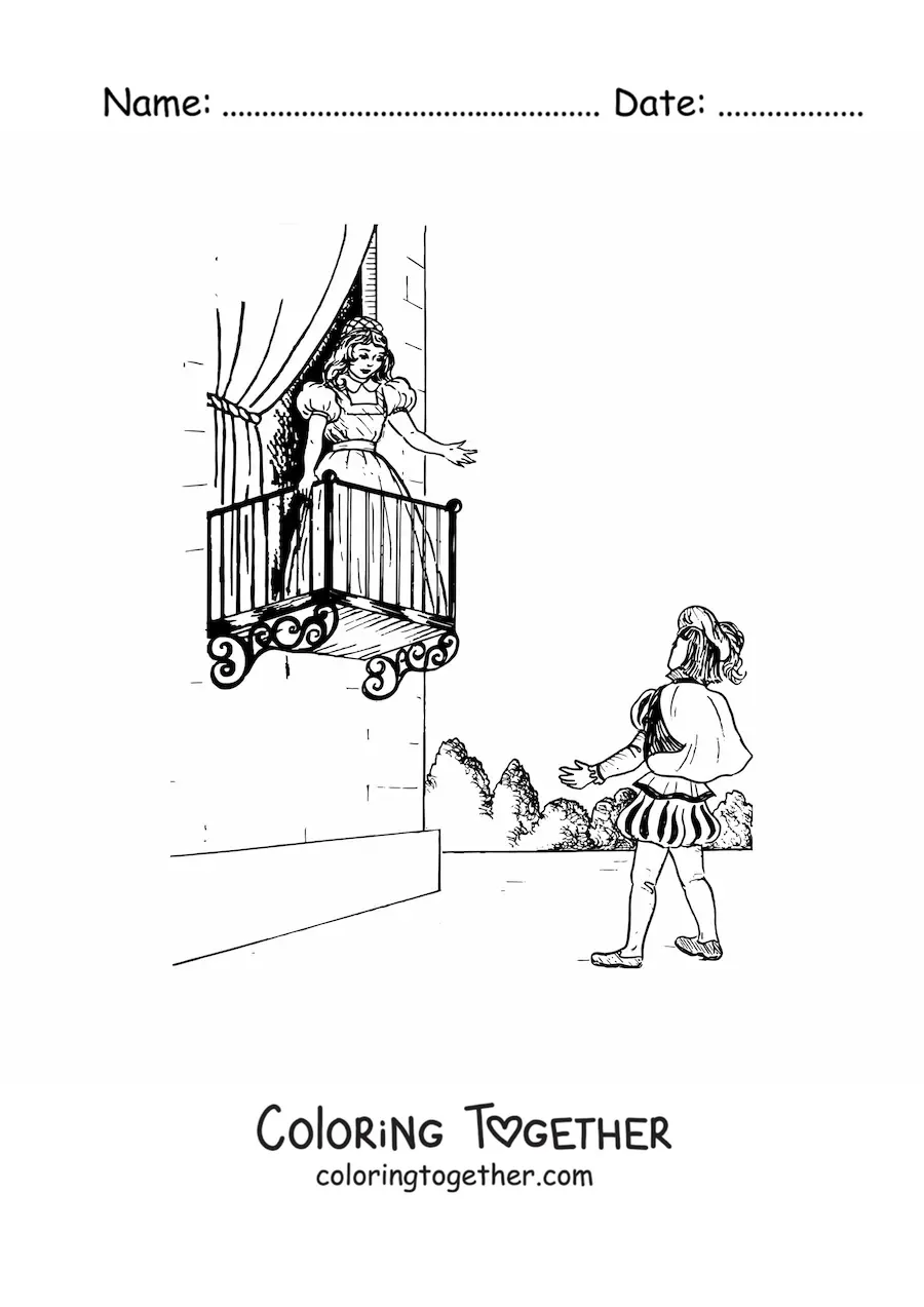 Coloring page of a scene from the play Romeo and Juliet