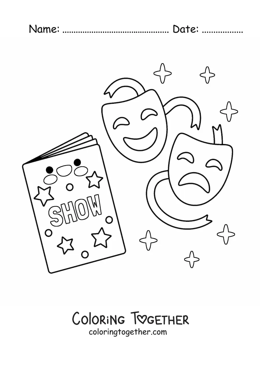 Coloring page of two theater masks