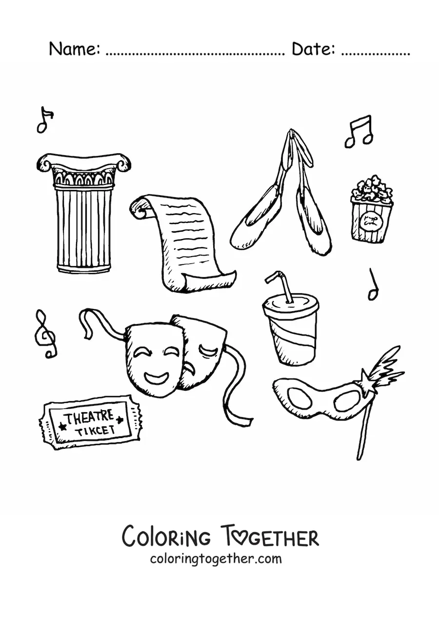 Coloring page of theater elements and symbols