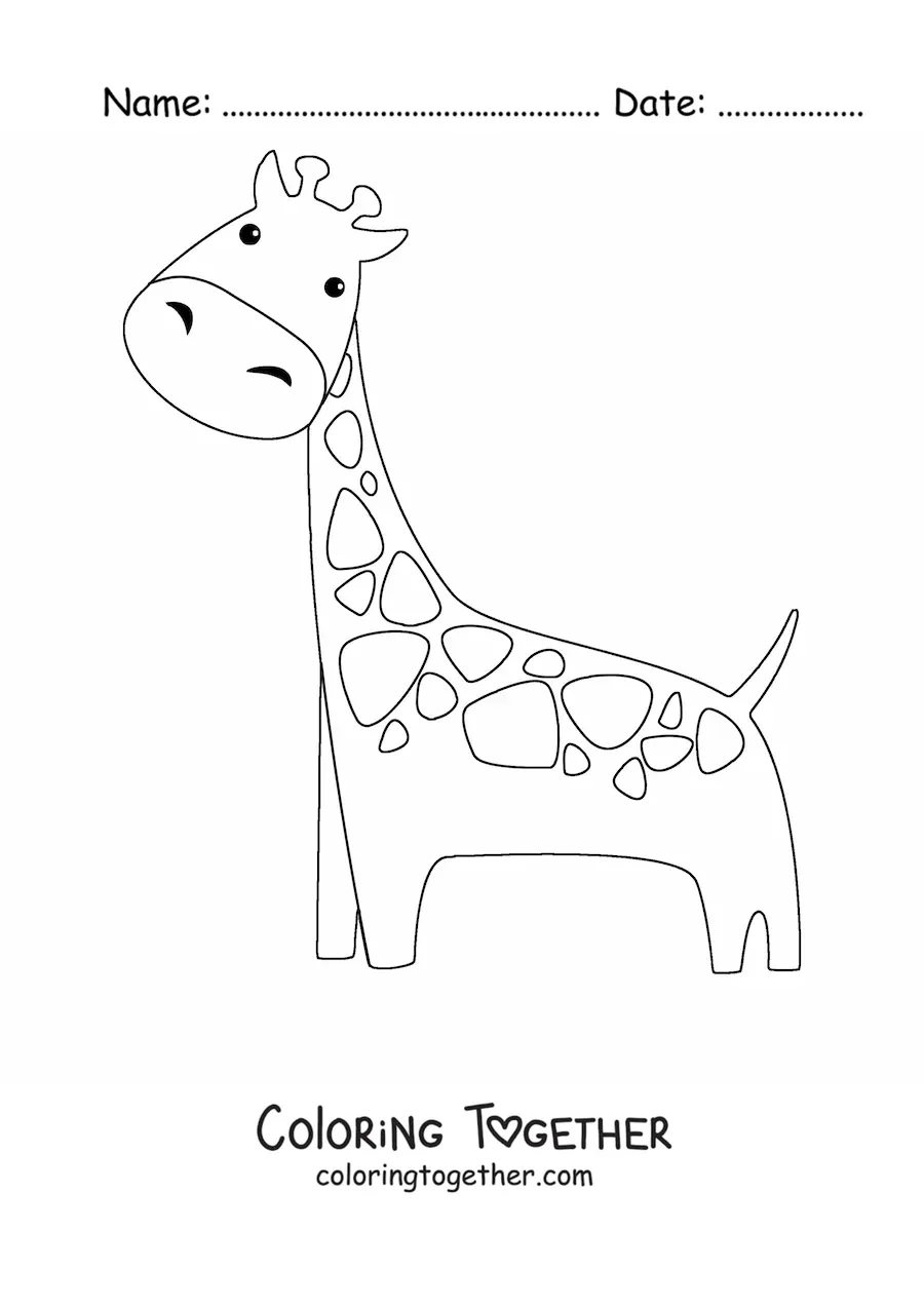 Coloring page of a kawaii cartoon giraffe with its head tilted to the right