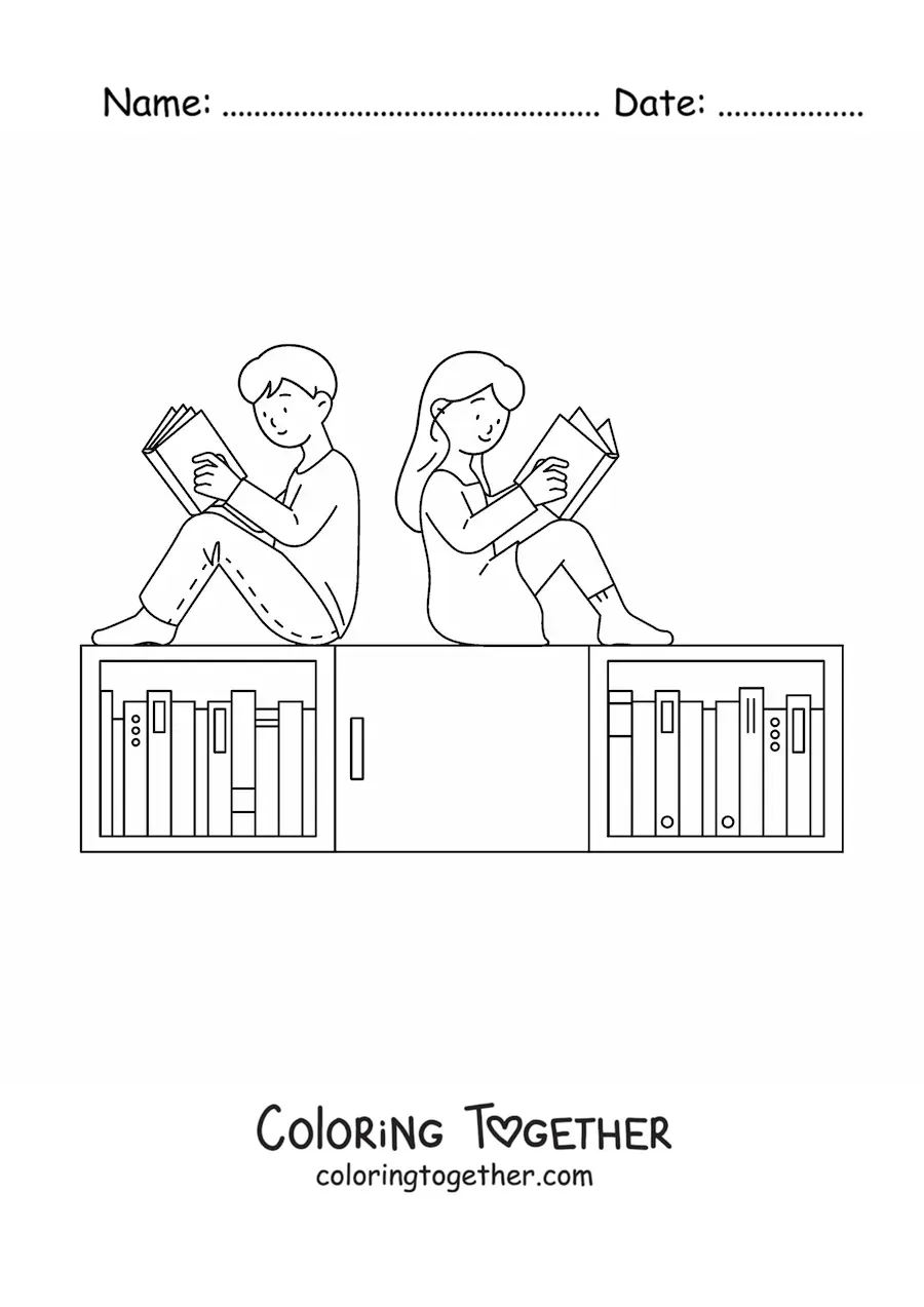 Coloring page of two kids reading in the library