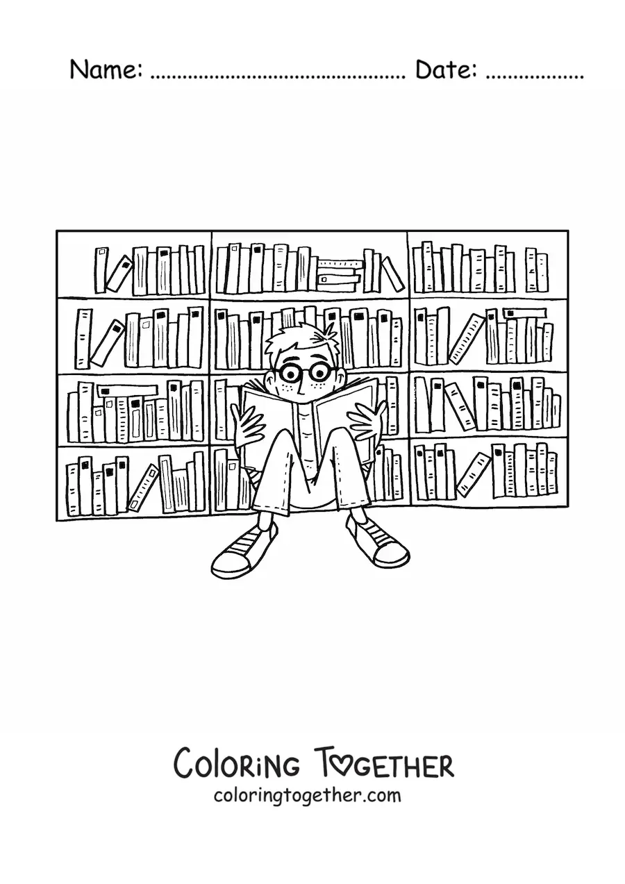 Coloring page of a boy reading in the library