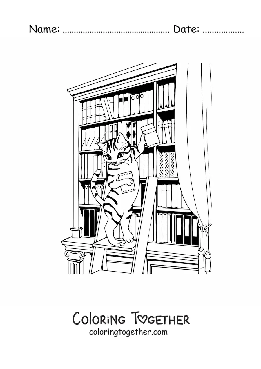 Coloring page of a cartoon cat looking for a book in the library