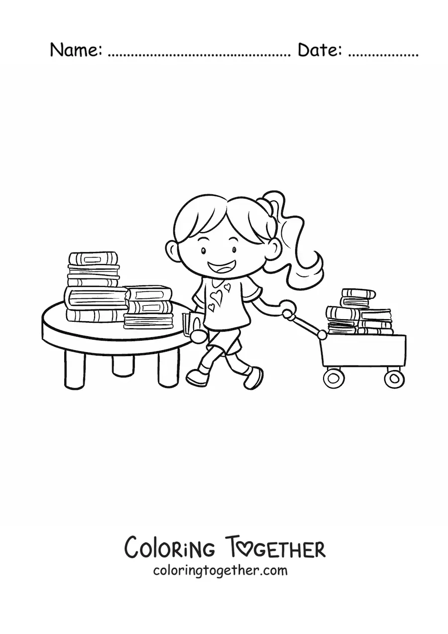Coloring page of a girl with books in the library
