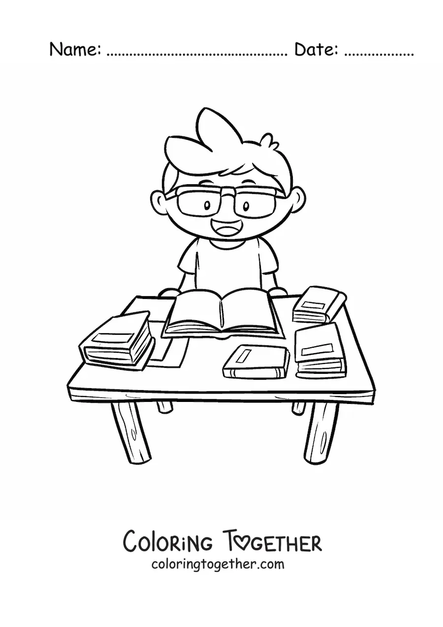 Coloring page of a boy doing homework in the school library