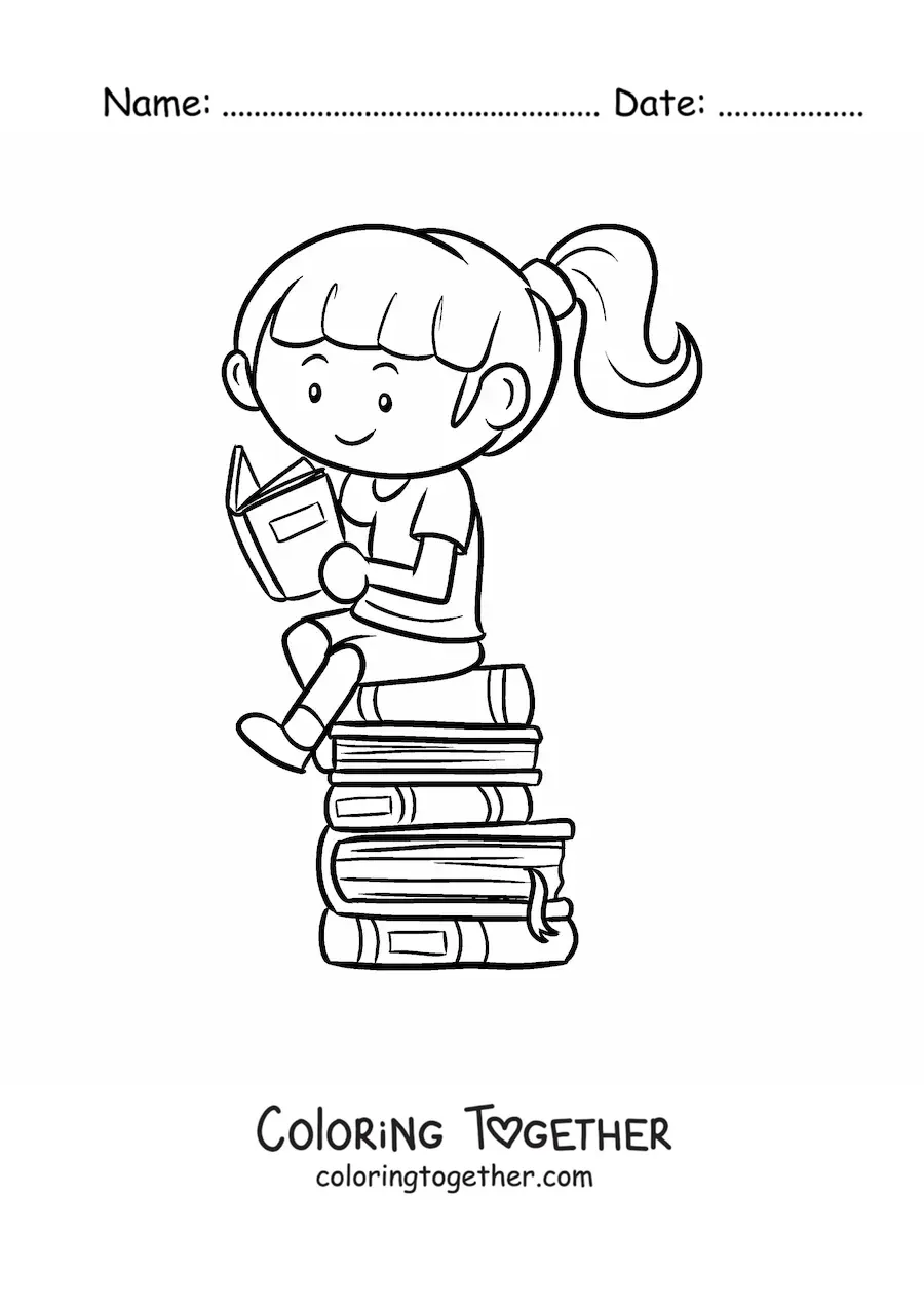 Coloring page of a girl reading while sitting on a pile of books