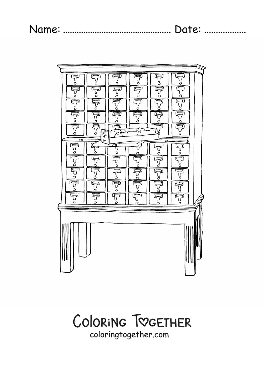 Coloring page of a library card catalog
