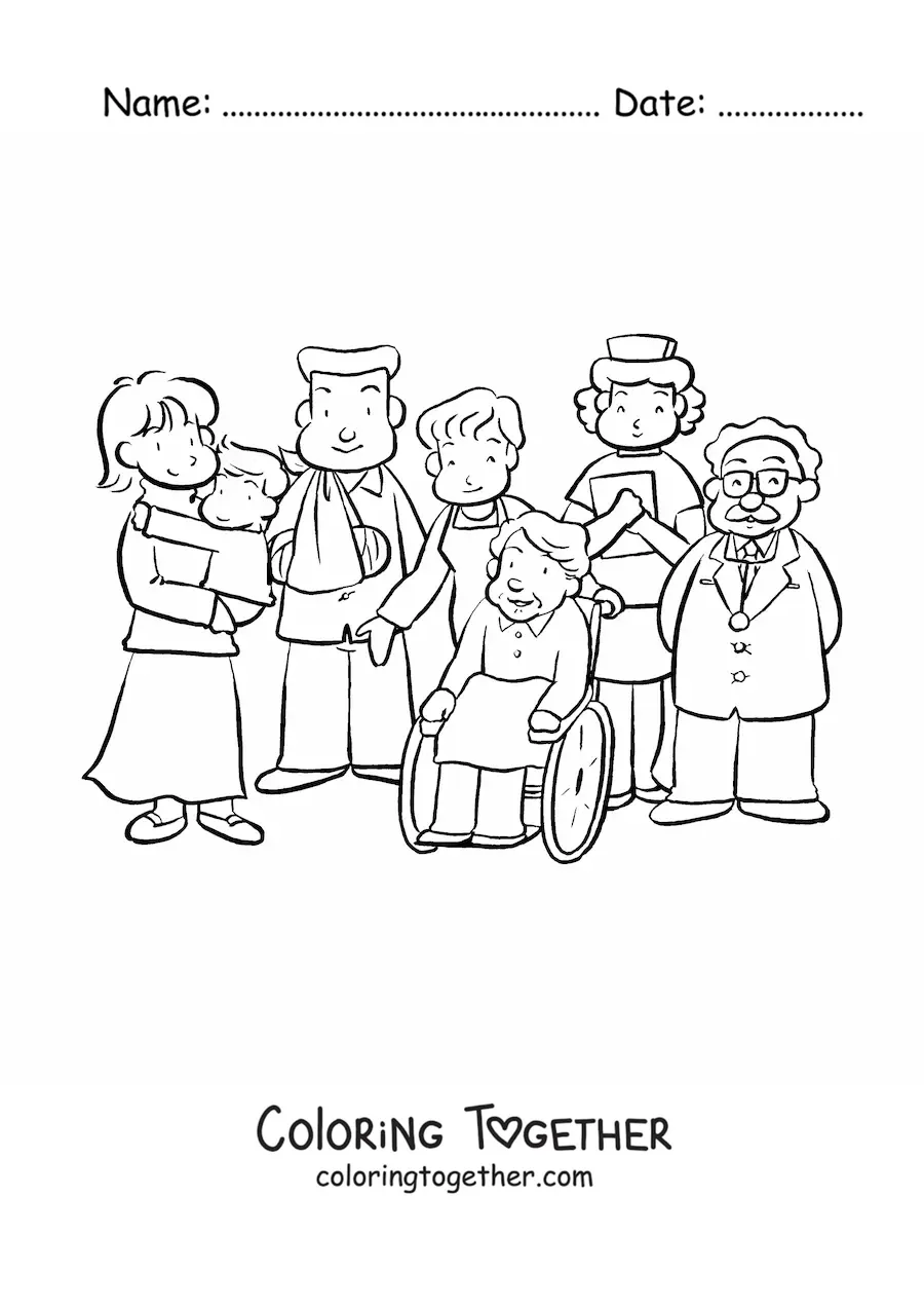 Coloring page of several patients together with the hospital staff